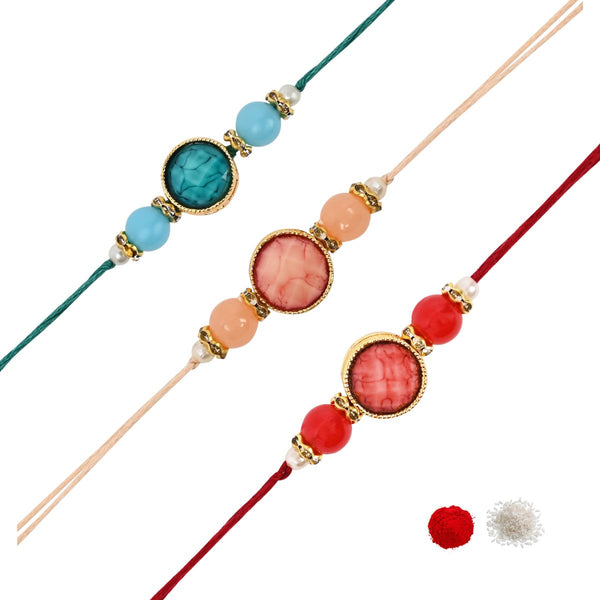 Elegance Kundan & Pearl Beads Rakhi with Roli Chawal & Card (Pack of 3)