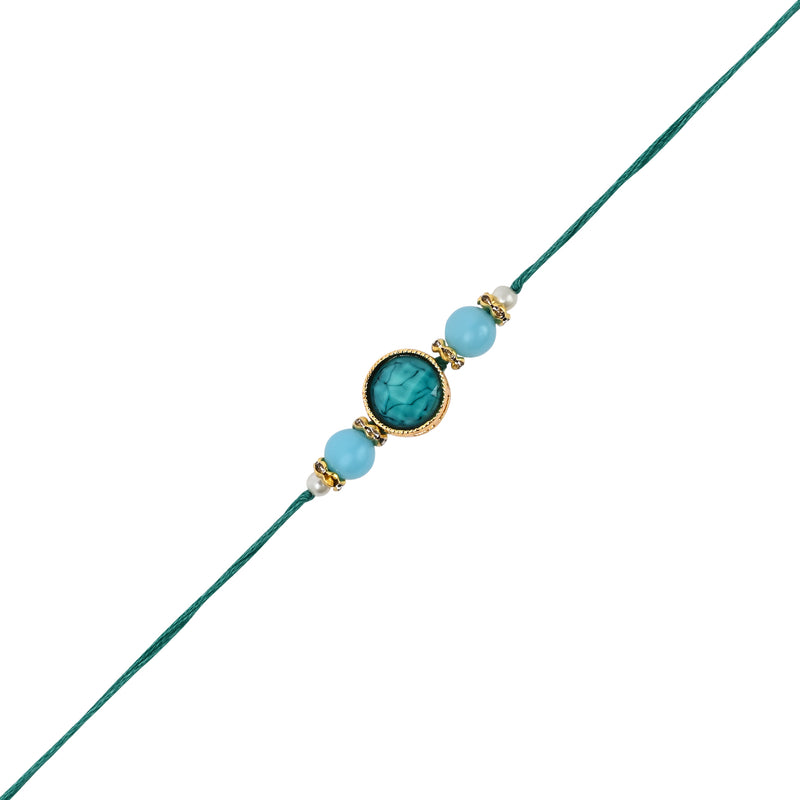 Elegant Bhaiya Bhabhi Turquoise Lumba Pearl Rakhi With Roli Chawal &Card