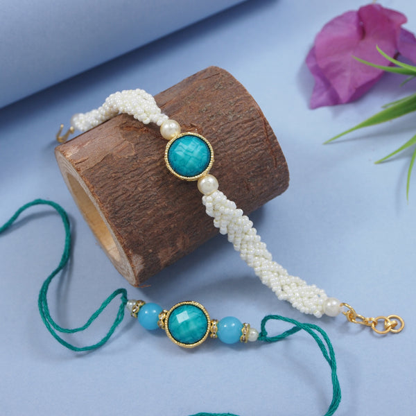 Elegant Bhaiya Bhabhi Turquoise Lumba Pearl Rakhi With Roli Chawal &Card