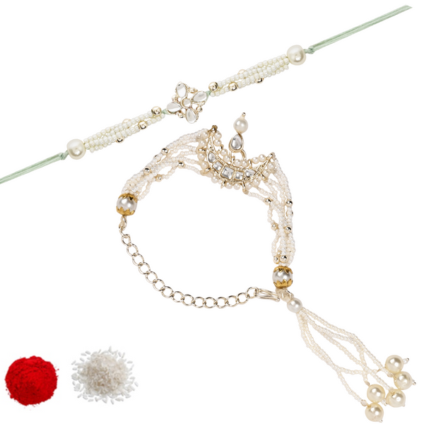 Elegant Bhaiya Bhabhi White Lumba Pearl Rakhi With Roli Chawal &Card