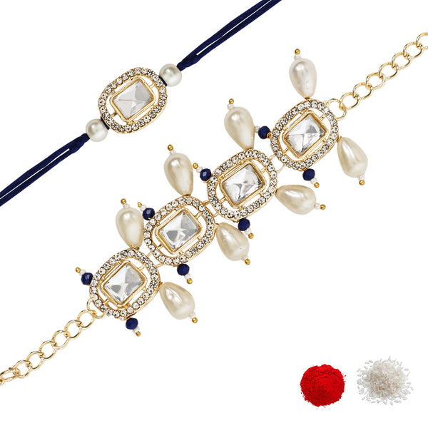 Elegant Bhaiya Bhabhi Blue Lumba & Pearl Rakhi With Roli Chawal &Card