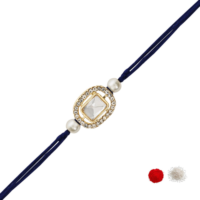 Delicate Pearl Beads Blue Rakhi with Roli Chawal & Rakshabandhan Card