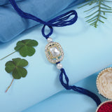 Delicate Pearl Beads Blue Rakhi with Roli Chawal & Rakshabandhan Card