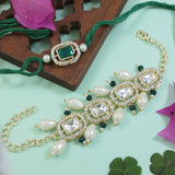 Elegant Bhaiya Bhabhi Green Lumba & Pearl Rakhi With Roli Chawal &Card