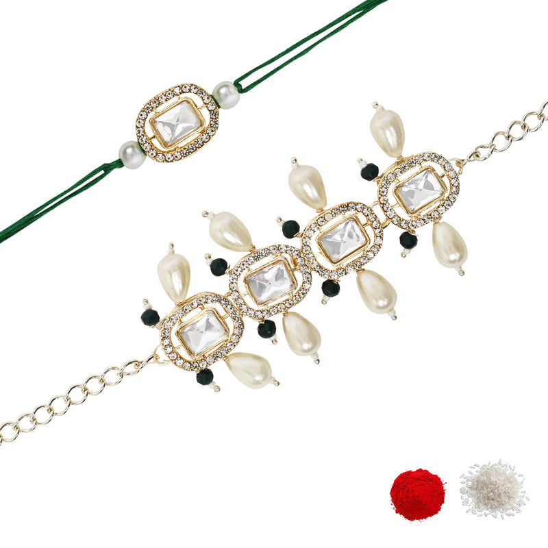 Elegant Bhaiya Bhabhi Green Lumba & Pearl Rakhi With Roli Chawal &Card