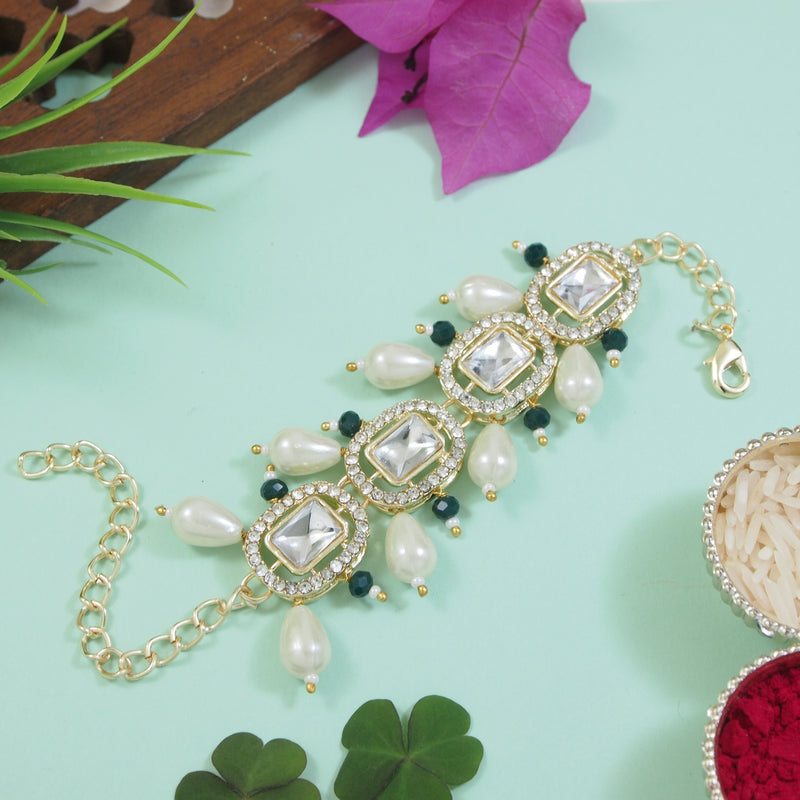 Elegantly Crafted Green Pearl & Kundan Adjustable Lumba Bracelet