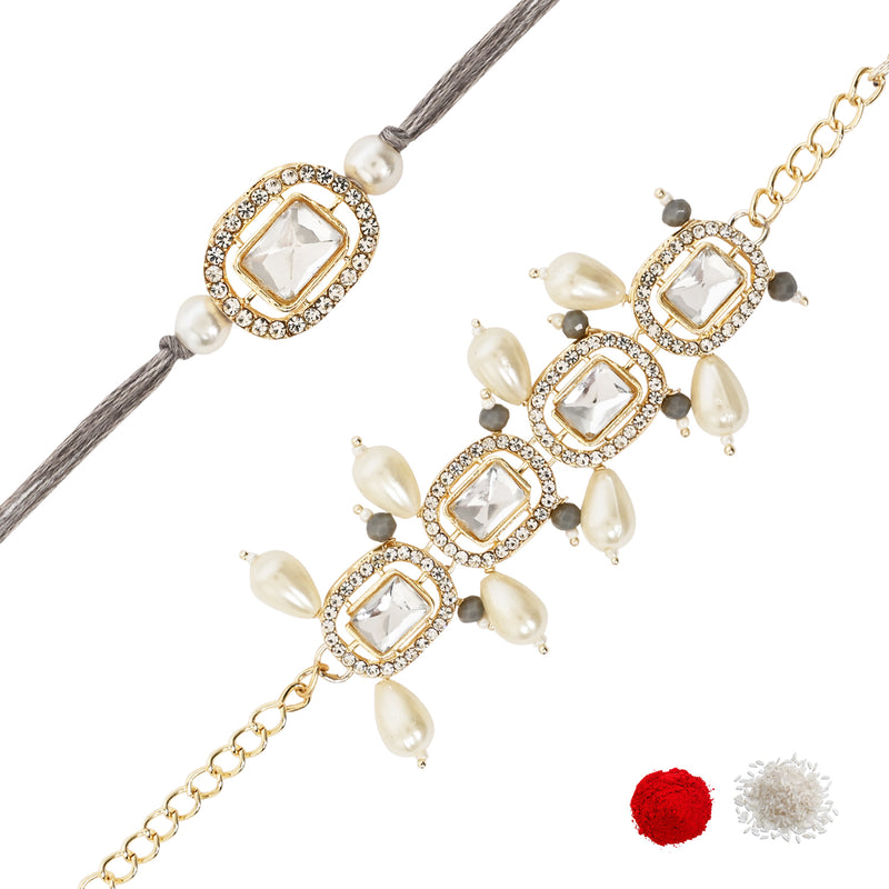 Elegant Bhaiya Bhabhi Grey Lumba & Pearl Rakhi With Roli Chawal &Card