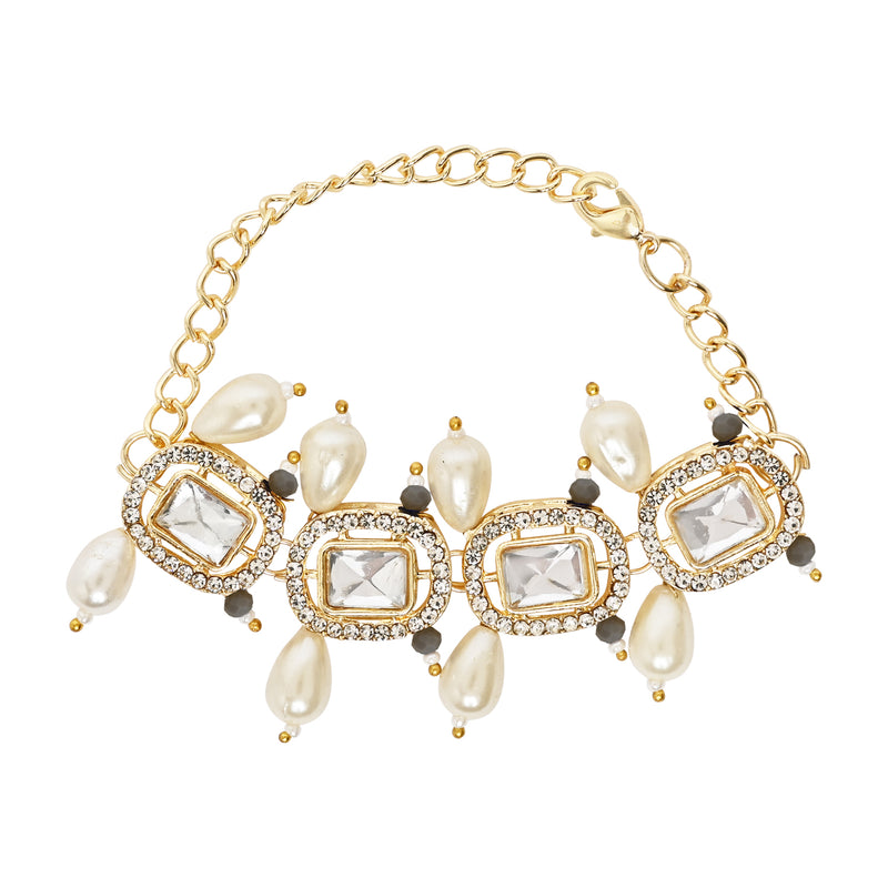 Elegantly Crafted Grey Pearl & Kundan Adjustable Lumba Bracelet