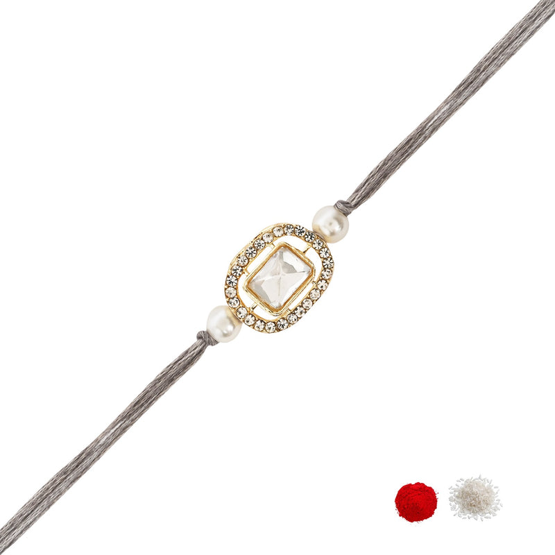 Delicate Pearl Beads Grey Rakhi with Roli Chawal & Rakshabandhan Card