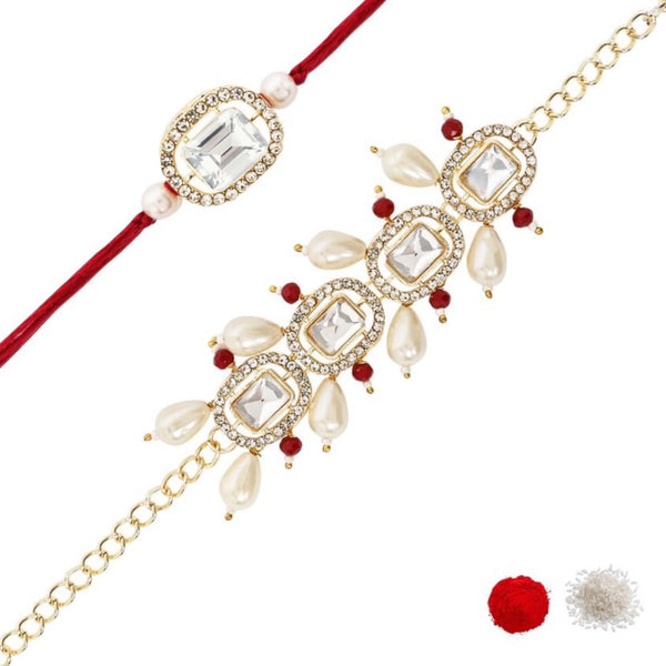 Elegant Bhaiya Bhabhi Red Lumba Pearl & Rakhi With Roli Chawal &Card