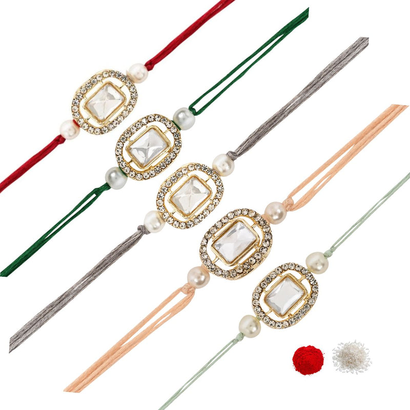 Elegance Kundan & Pearl Beads Rakhi with Roli Chawal & Card (Pack of 5)