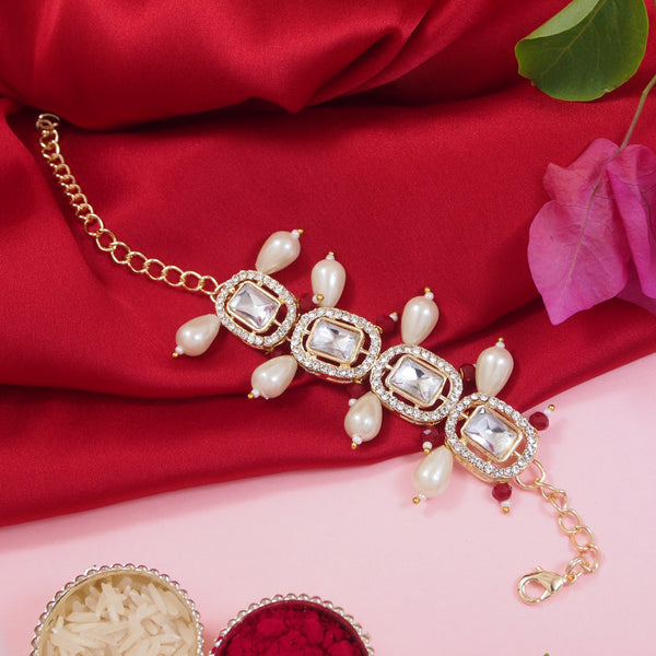 Elegantly Crafted Red Pearl & Kundan Adjustable Lumba Bracelet