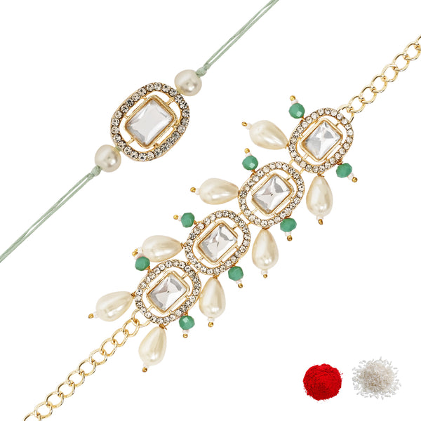 Elegant Bhaiya Bhabhi Mint Lumba Pearl & Rakhi With Roli Chawal &Card