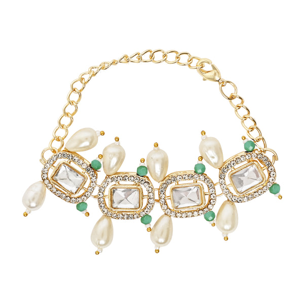 Elegantly Crafted Mint Pearl & Kundan Adjustable Lumba Bracelet