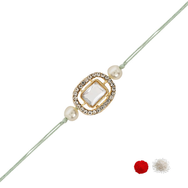 Delicate Pearl Beads Mint Rakhi with Roli Chawal & Rakshabandhan Card