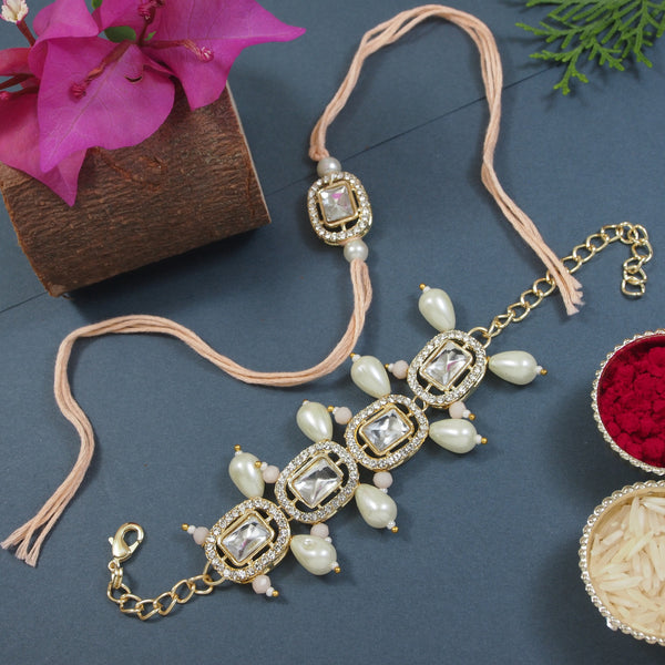 Elegant Bhaiya Bhabhi Peach Lumba Pearl & Rakhi With Roli Chawal &Card