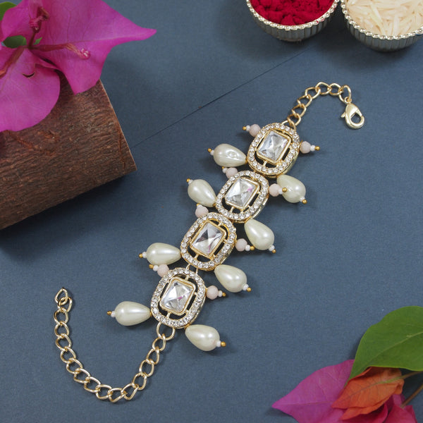 Elegantly Crafted Peach Pearl & Kundan Adjustable Lumba Bracelet