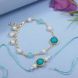 Elegant Bhaiya Bhabhi Turquoise Lumba Pearl Rakhi With Roli Chawal &Card