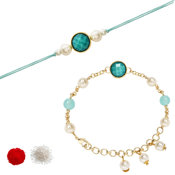 Elegant Bhaiya Bhabhi Turquoise Lumba Pearl Rakhi With Roli Chawal &Card