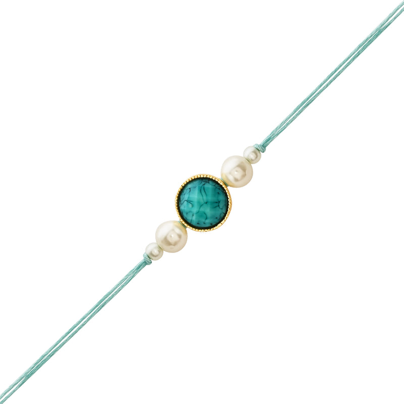 Elegant Bhaiya Bhabhi Turquoise Lumba Pearl Rakhi With Roli Chawal &Card