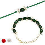 Elegant Bhaiya Bhabhi Green Lumba & Pearl Rakhi With Roli Chawal &Card