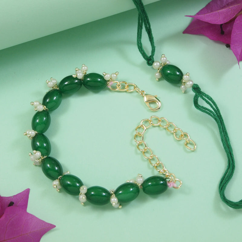 Elegant Bhaiya Bhabhi Green Lumba & Pearl Rakhi With Roli Chawal &Card