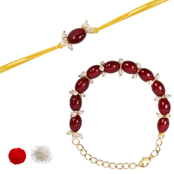 Elegant Bhaiya Bhabhi Maroon Lumba Pearl & Rakhi With Roli Chawal &Card