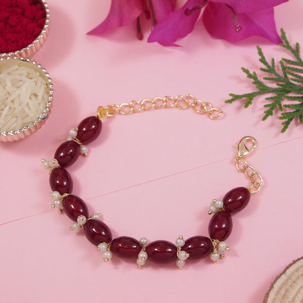 Elegantly Maroon Pearl Beaded Adjustable Lumba Bracelet