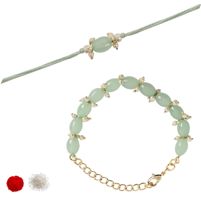 Elegant Bhaiya Bhabhi Mint Lumba Pearl & Rakhi With Roli Chawal &Card