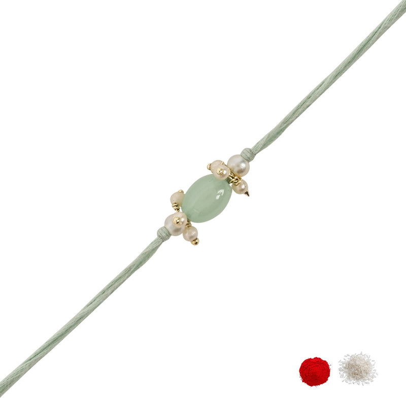 Delicate Pearl Beads Mint Rakhi with Roli Chawal & Rakshabandhan Card