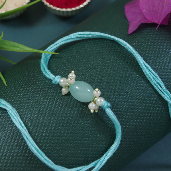 Delicate Pearl Beads Mint Rakhi with Roli Chawal & Rakshabandhan Card