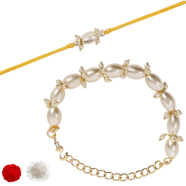 Elegant Bhaiya Bhabhi White Lumba Pearl Rakhi With Roli Chawal &Card