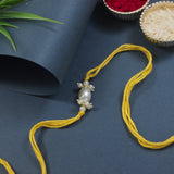 Delicate Pearl Beads White Rakhi with Roli Chawal & Rakshabandhan Card