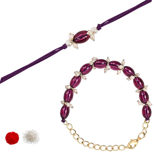 Elegant Bhaiya Bhabhi Wine Lumba Pearl & Rakhi With Roli Chawal &Card