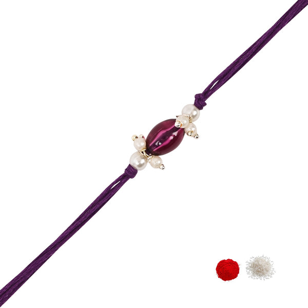 Delicate Pearl Beads Wine Rakhi with Roli Chawal & Rakshabandhan Card