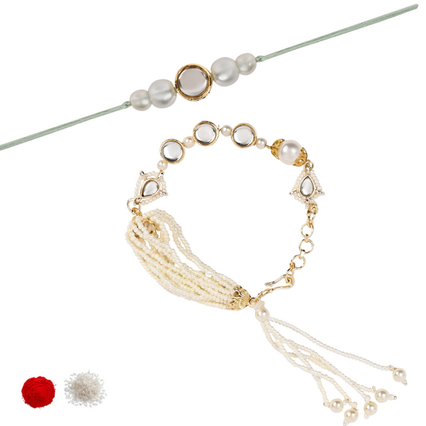 Elegant Bhaiya Bhabhi White Lumba Pearl Rakhi With Roli Chawal &Card