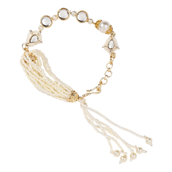 Elegantly Crafted White Pearl & Kundan Adjustable Lumba Bracelet