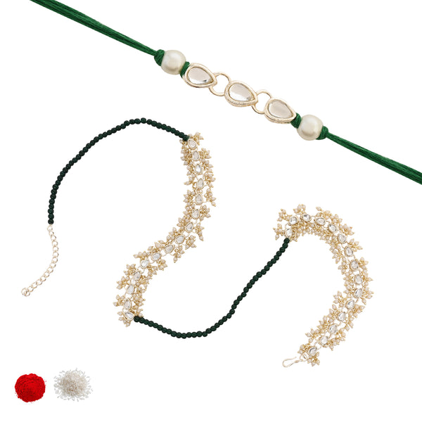 Elegant Bhaiya Bhabhi Green Wrap Around Lumba & Pearl Rakhi With Roli Chawal & Card