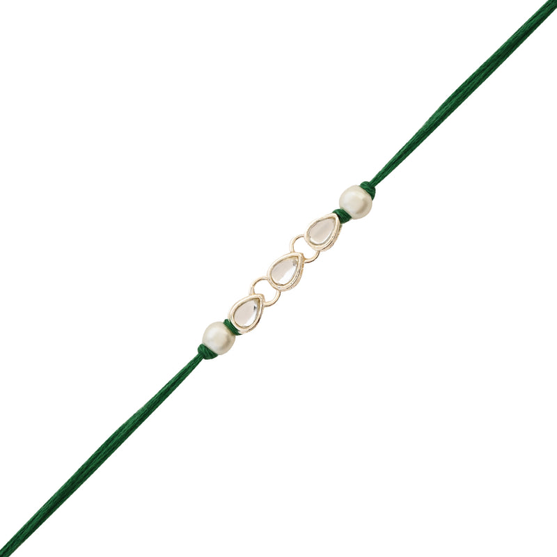 Elegant Bhaiya Bhabhi Green Wrap Around Lumba & Pearl Rakhi With Roli Chawal & Card