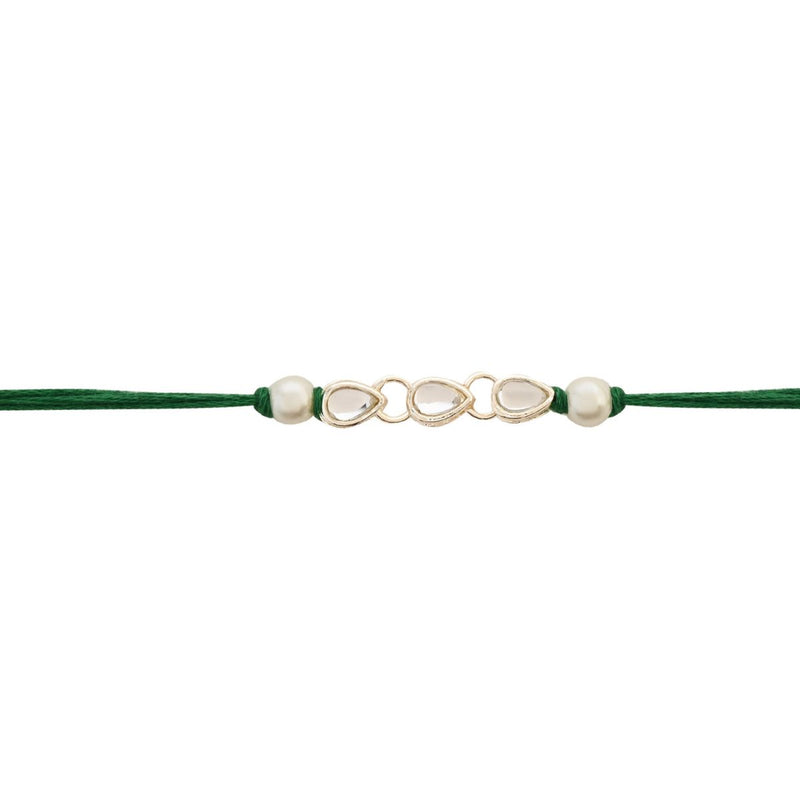 Delicate Pearl Beads  Green Rakhi with Roli Chawal & Rakshabandhan Card