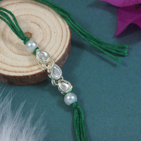 Delicate Pearl Beads  Green Rakhi with Roli Chawal & Rakshabandhan Card