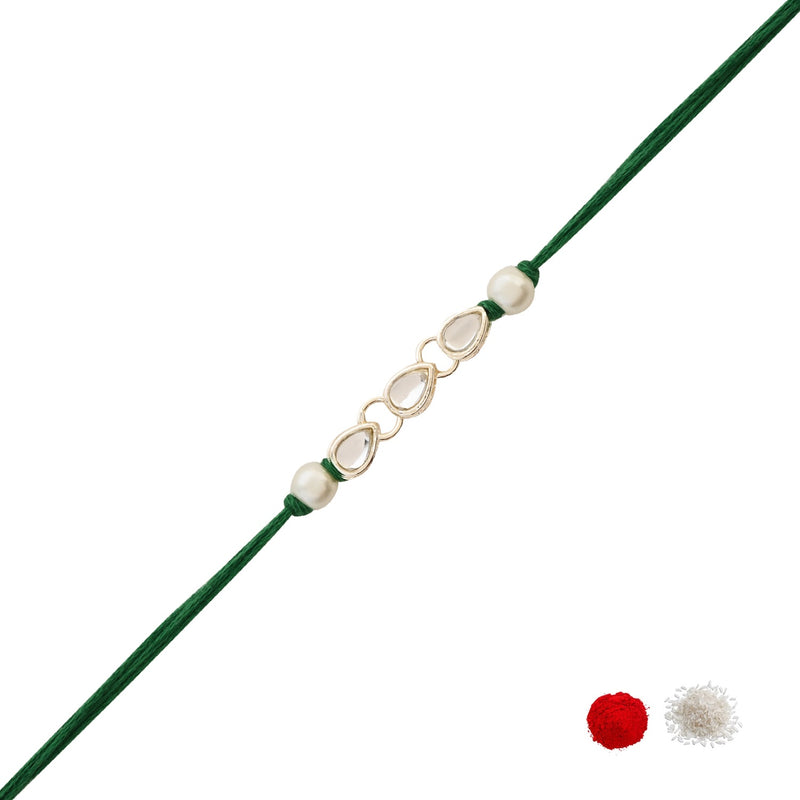 Delicate Pearl Beads  Green Rakhi with Roli Chawal & Rakshabandhan Card