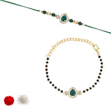 Elegant Bhaiya Bhabhi Pearl Lumba Mangalsutra Bracelet & Rakhi With Roli Chawal & Card