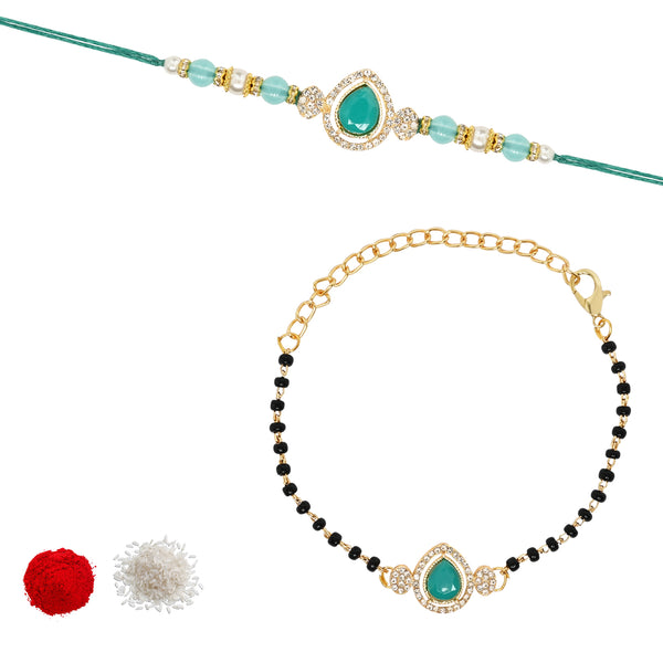 Elegant Bhaiya Bhabhi Turquoise Pearl Lumba Mangalsutra Bracelet Rakhi With Roli Chawal & Card