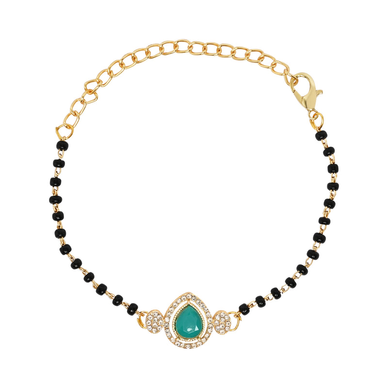 Elegant Bhaiya Bhabhi Turquoise Pearl Lumba Mangalsutra Bracelet Rakhi With Roli Chawal & Card