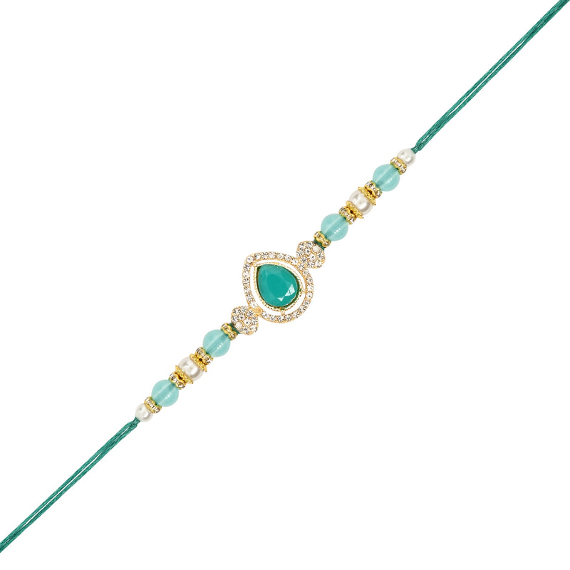 Elegant Bhaiya Bhabhi Turquoise Pearl Lumba Mangalsutra Bracelet Rakhi With Roli Chawal & Card