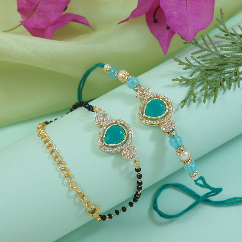 Elegant Bhaiya Bhabhi Turquoise Pearl Lumba Mangalsutra Bracelet Rakhi With Roli Chawal & Card