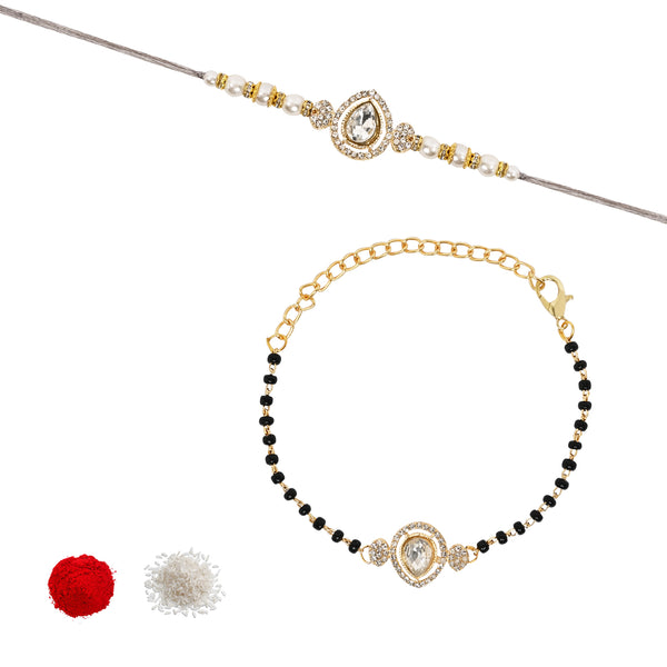 Elegant Bhaiya Bhabhi Pearl Lumba Mangalsutra Bracelet & Rakhi With Roli Chawal & Card