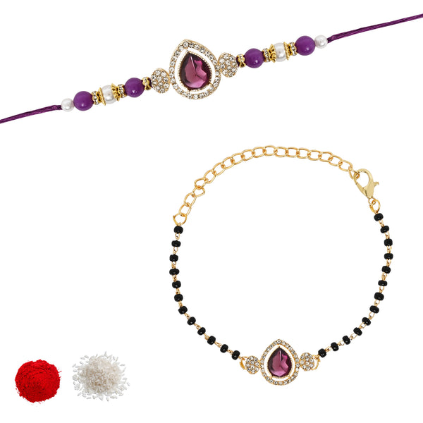 Elegant Bhaiya Bhabhi Pearl Lumba Mangalsutra Bracelet & Rakhi With Roli Chawal & Card