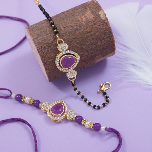 Elegant Bhaiya Bhabhi Pearl Lumba Mangalsutra Bracelet & Rakhi With Roli Chawal & Card